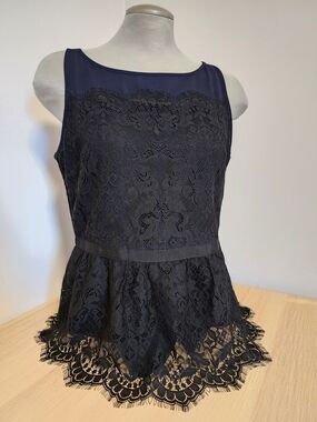 Ann Taylor LOFT Navy Lace Babydoll Quiet Luxury Evening Top Size 8